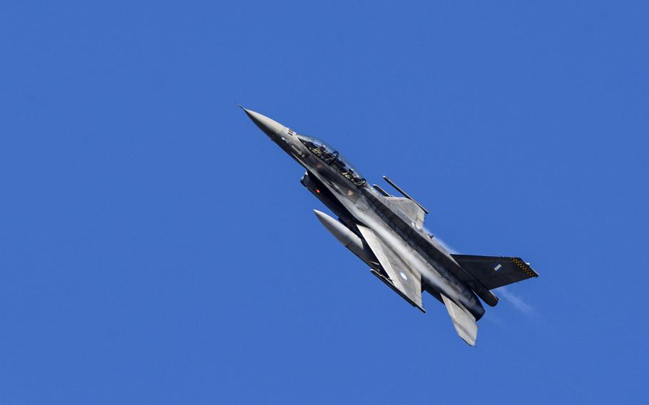 A Hellenic air force F-16 Fighting Falcon fighter aircraft soars  during a flying training deployment at Souda Bay, Greece, Jan. 28, 2016. Greek air force pilots scrambled to intercept Turkish fighter planes that illegally entered Greek airspace 40 times on Dec. 17, 2019.