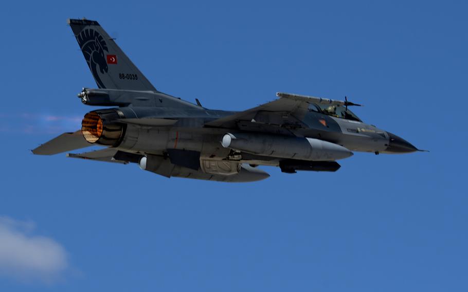 A Turkish air force F-16 Fighting Falcon takes off during an exercise in March 2016. Greek air force pilots scrambled to intercept Turkish fighter planes that illegally entered Greek airspace 40 times on Dec. 17, 2019.