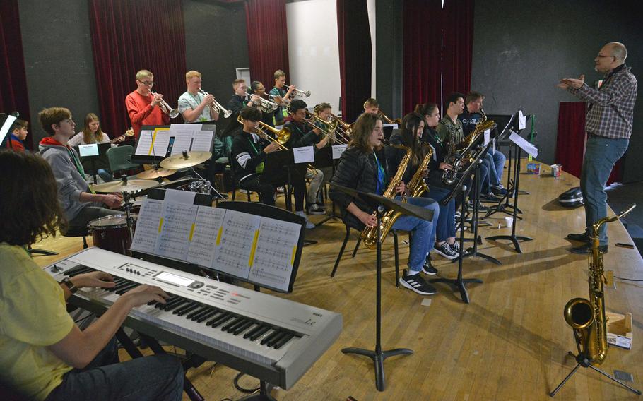 Guest conductor Darmon Meader leads the DODEA-Europe Jazz Festival big band through a rehearsal in Kaiserslautern, Germany, Jan. 14, 2020. Fifty-one students from high schools across Europe are taking part in the event this year.