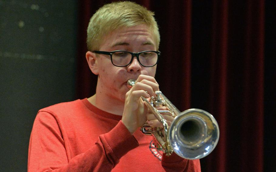 Blake Peterson solos on trumpet during a big band rehearsal at the 2020 DODEA-Europe Jazz Festival in Kaiserslautern, Germany, Jan. 14, 2020.