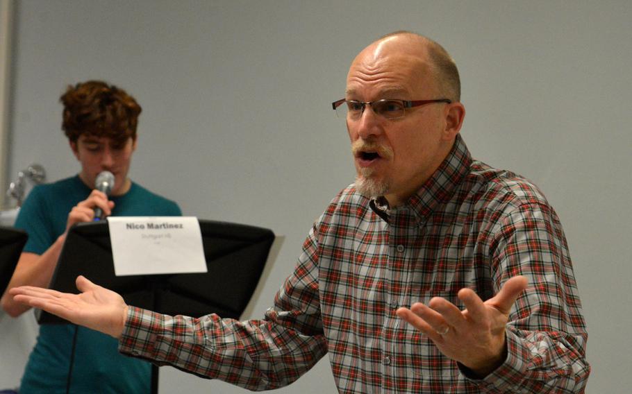 Darmon Meader, conducts the vocal jazz ensemble during a rehearsal at the 2020 DODEA-Europe Jazz Festival in Kaiserslautern, Germany, Jan. 14, 2020.