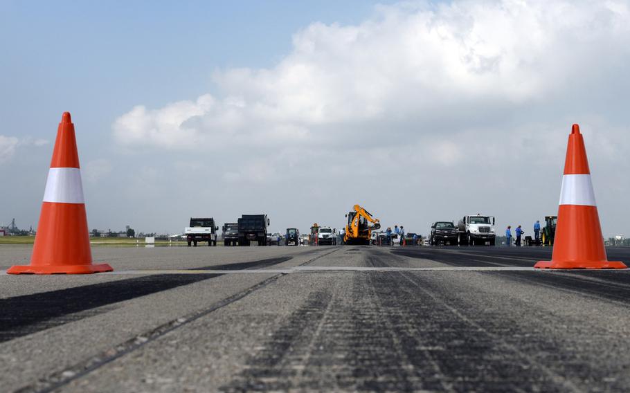 Construction crews begin repair work on the runway at Incirlik Air Base, Turkey, in May 2018. The base's 39th Civil Engineer Squadron, 39th Operations Support Squadron and Vectrus System Corporation planned and carried out the repairs. Vectrus recently fired half its staff at Incirlik and the local union isn't happy.