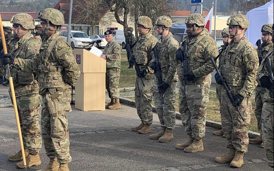 Lt. Gen. Christopher Cavoli, 3rd from left, commanding general of U.S. Army Europe, addresses the crowd during a ceremony marking 75 years since a prisoner of war camp at Hohenfels, Germany, was liberated by U.S. troops. The event was held on January 27, 2020, the 75th anniversary of the liberation of the Nazi regime's Auschwitz-Birkenau death camp in southern Poland.