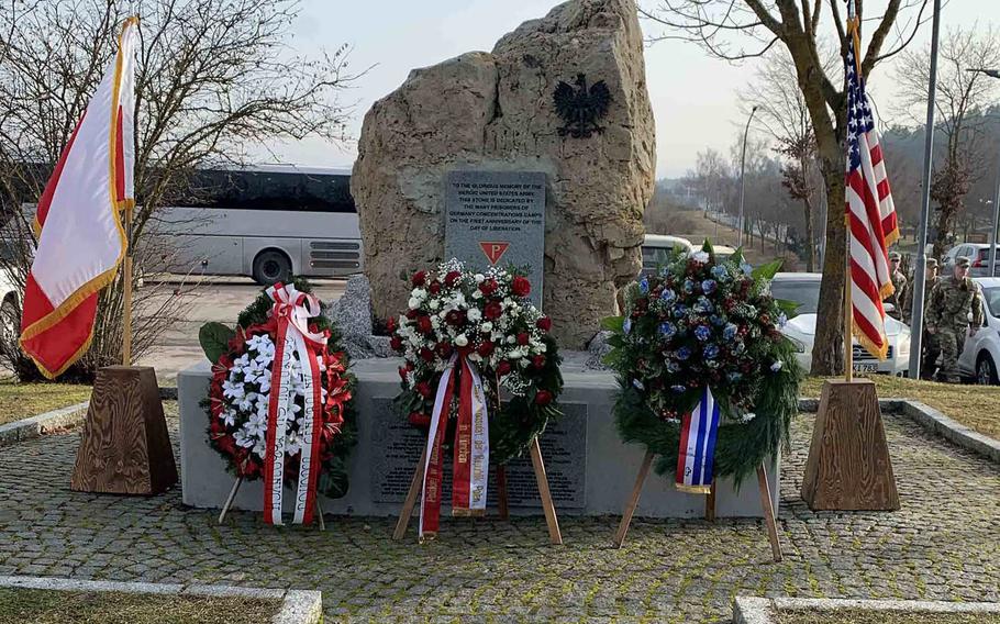 The renovated  monument at Hohenfels, Germany, has an inscription that reads ''To the glorious memory of the heroic United States Army this stone is dedicated by the many prisoners of German concentration camps on the first anniversary of the Day of Liberation."