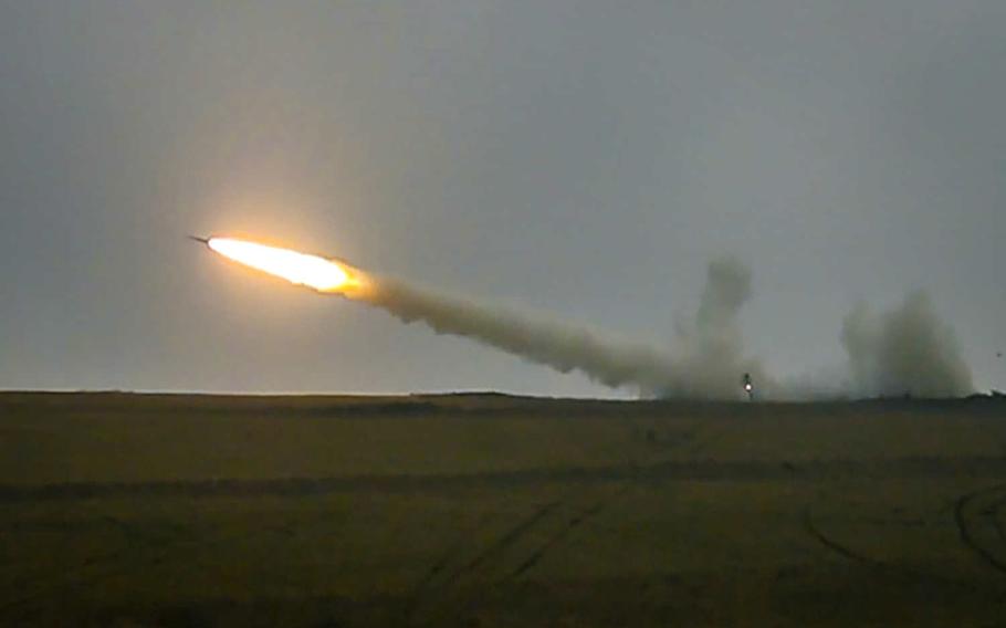 The M270A1 Multiple Launch Rocket System fires a reduced- range practice rocket during a live-fire exercise Jan. 27, 2020, in Grafenwoehr, Germany. This is the first live-fire exercise from a Europe-based MLRS unit since 2004.