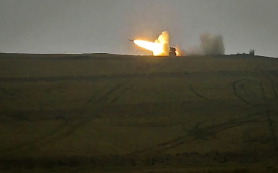 A Multiple Launch Rocket System fires a reduced-range practice rocket during a live-fire exercise Jan. 27, 2020, in Grafenwoehr, Germany.