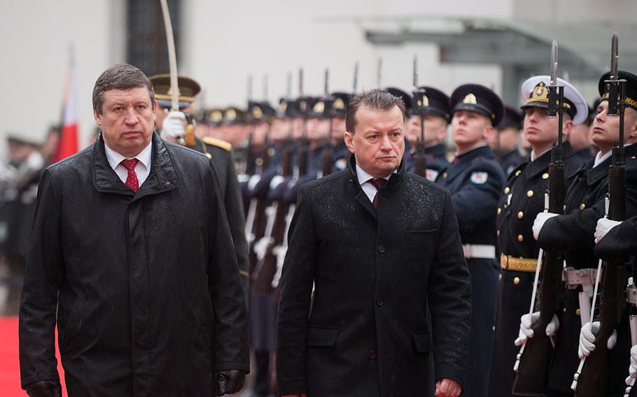Lithuanian Defense Minister Raimundas Karoblis, left, met with his Polish counterpart Mariusz Blaszczak in Vilnius, Lithuania, Jan. 29, 2020. Poland and Lithuania each agreed to reinforce Poland's Suwalki Gap, which abuts Russia's military exclave of Kaliningrad.