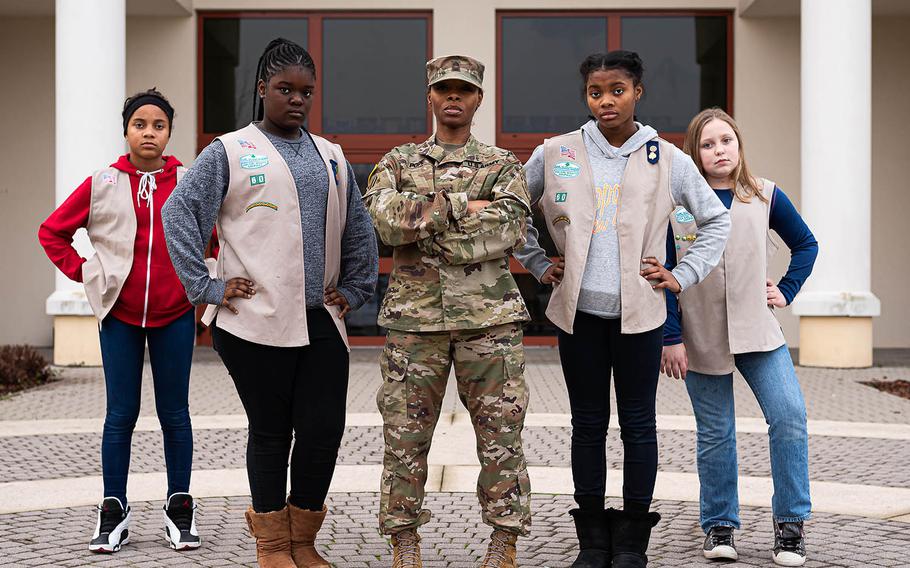 Master Sgt. Vernisa Pope, center, stands with her Vicenza, Italy-based Girl Scouts. From left, the Scouts are Simone Brewington, Alyssa Mallard, Cortnece Pope and Monique Allen. 