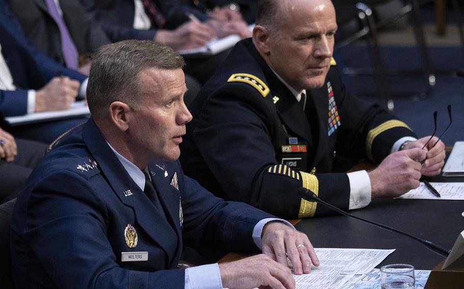 EUCOM Commander and NATO Supreme Allied Commander Europe Gen. Tod D. Wolters testifies at a Senate Armed Services Committee hearing on Capitol Hill, Feb. 25, 2020. Next to him is Gen. Stephen R. Lyons, commander of the U.S. Transportation Command.
Joe Gromelski/Stars and Stripes