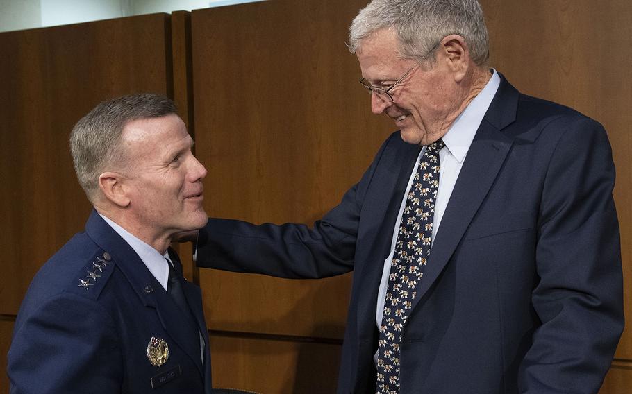 EUCOM Commander and NATO Supreme Allied Commander Europe Gen. Tod D. Wolters talks with Senate Armed Services Committee Chairman James Inhofe, R-Okla., before a hearing on Capitol Hill, Feb. 25, 2020.
Joe Gromelski/Stars and Stripes