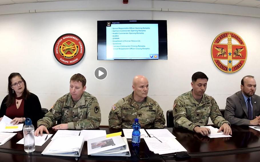 U.S. Army Africa commander Maj. Gen. Roger Cloutier, center, and other U.S. military officials in Italy hold a Facebook Live meeting Thursday to address community concerns about the coronavirus. More than 500 cases of coronavirus and 14 deaths have been confirmed throughout Italy.