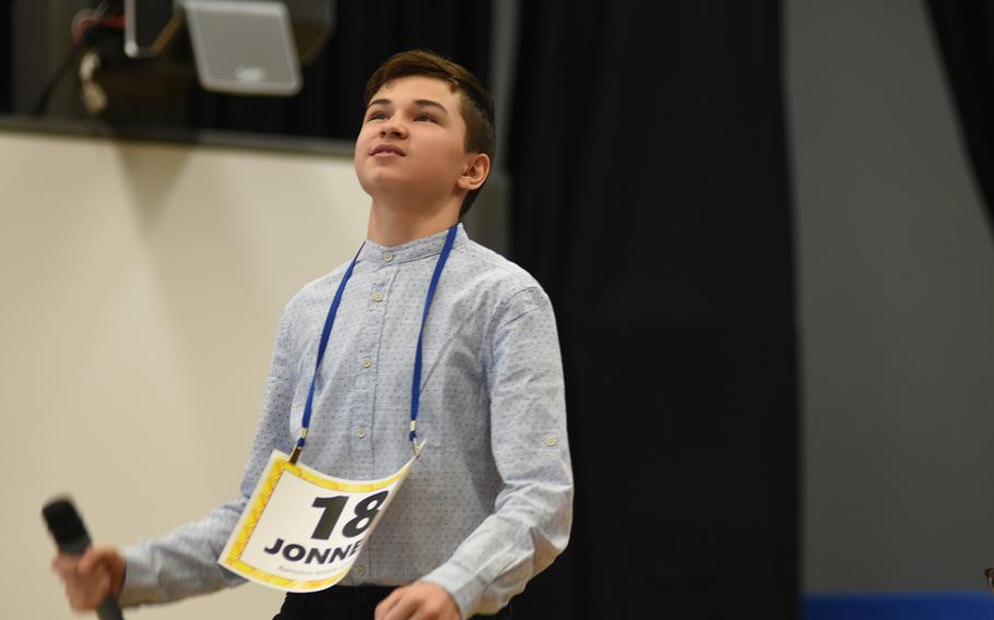Jonnen Messer, a seventh grader at Ramstein Middle School, Germany, reacts to winning the European PTA Regional Spelling Bee on Saturday, Feb. 29, 2020. Messer competed against 27 other spellers from Defense Department schools in Europe.