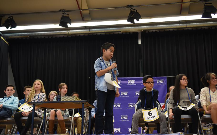 Marcos Lopez, a fourth grader at Ramstein Intermediate School, Germany, competes at the European PTA Regional Spelling Bee on Saturday, Feb. 29, 2020, at Ramstein Air Base. Twenty-eight students from Defense Department schools in Europe vied for a trip to the national spelling bee this spring in Washington, D.C.
