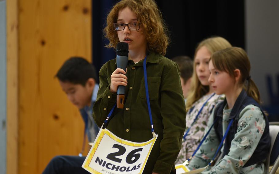 Nicholas Benedetti, a student at Rota Elementary School, Spain, spells a word at the European PTA Regional Spelling Bee on Saturday, Feb. 29, 2020, at Ramstein Air Base, Germany. 
