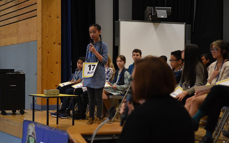 Aliza Ignacio, a student at Vogelweh Elementary School, Germany, was one of 28 students to compete at the European PTA Regional Spelling Bee on Saturday, Feb. 29, 2020, at Ramstein Air Base, Germany. 
