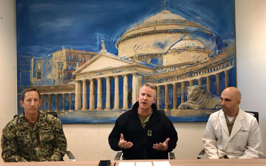 From left, Capt. Todd Abrahamson, Naval Support Activity Naples commander, Rear Adm. Matthew A. Zirkle,U.S. Naval Forces Europe/U.S. Naval Forces Africa/U.S. 6th Fleet chief of staff, and Lt. Cmdr. Eric Vaught, public health officer, during the virtual town hall meeting in Naples, Italy, March 10, 2020.
