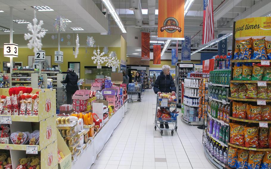 A shopper looks through the Vicenza, Italy commissary on Feb. 6, 2020. Commissaries are now checking IDs at the entrance and restricting access to authorized customers only.
