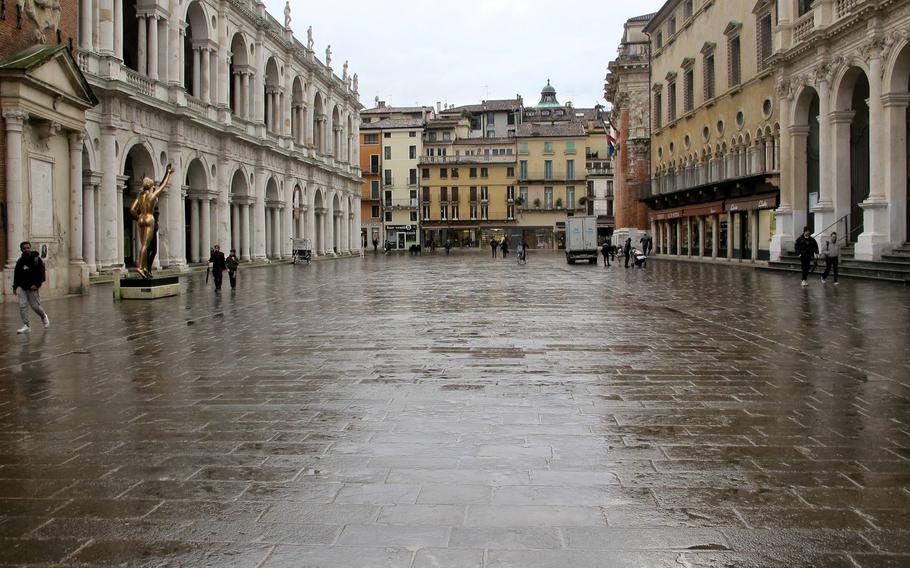 The Piazza di Signori, the normally bustling main square in downtown Vicenza, was nearly empty on March 3, 2020, as coronavirus cases in Italy, continued to grow. On Friday, Italy further restricted public movement and banned outdoor exercise.