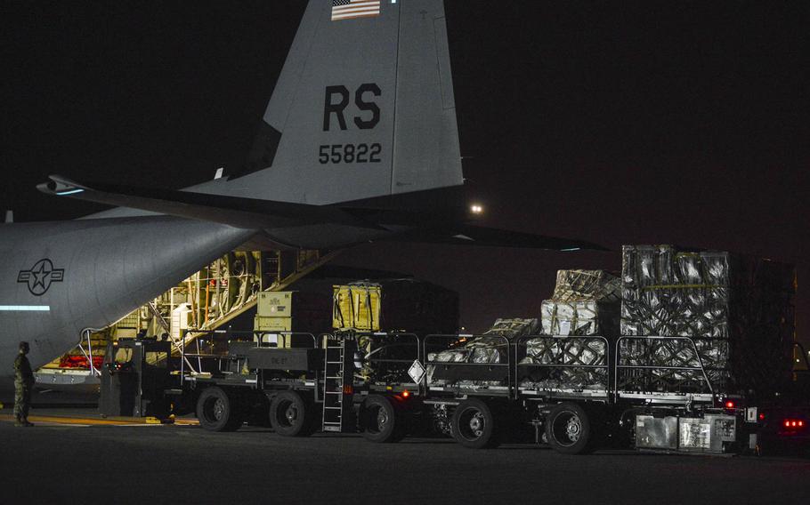 A C-130 Hercules stationed out of Ramstein Air Base, Germany, delivers pallets of medical equipment to Aviano Air Base, Italy, March 20, 2020.