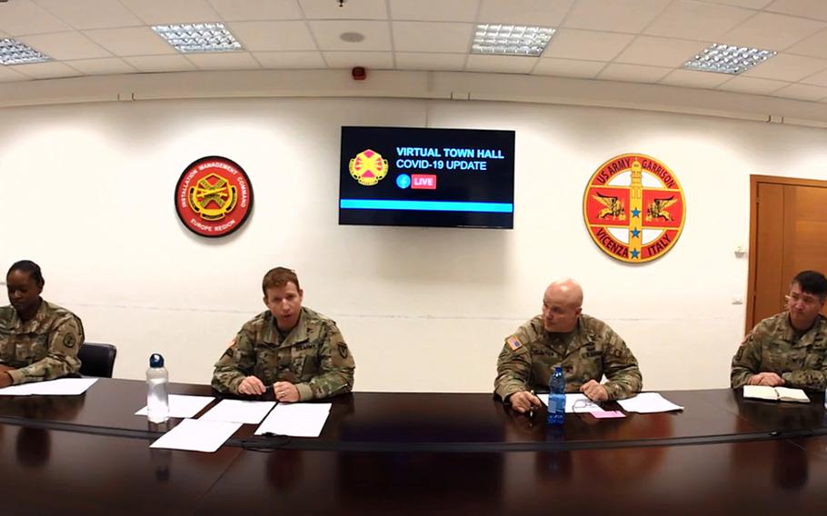 Base officials speak during the U.S. Army Garrison Italy virtual town hall meeting at Vicenza, Italy, March 26, 2020, with garrison commander Col. Dan Vogel, second from left, and U.S. Army Africa commander Maj. Gen. Roger Cloutier, second from right.