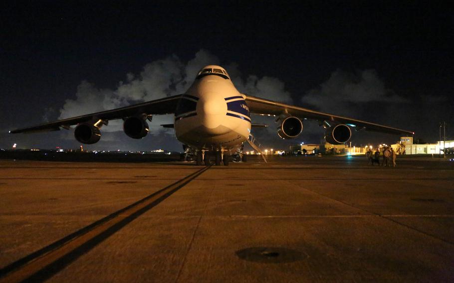 A Russian Antonov An-124 Ruslan plane is on the runway at Marine Corps Air Station Futenma on Okinawa, Japan in 2016. Russia says it has sent coronavirus relief supplies in the same type of aircraft to the United States.