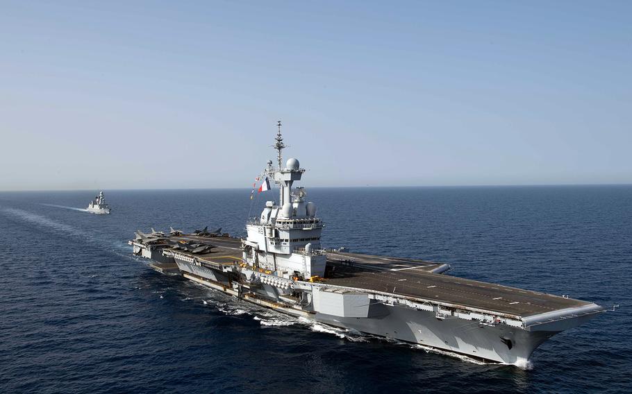 The French aircraft carrier FS Charles De Gaulle streams through the Red Sea, April 15, 2019.