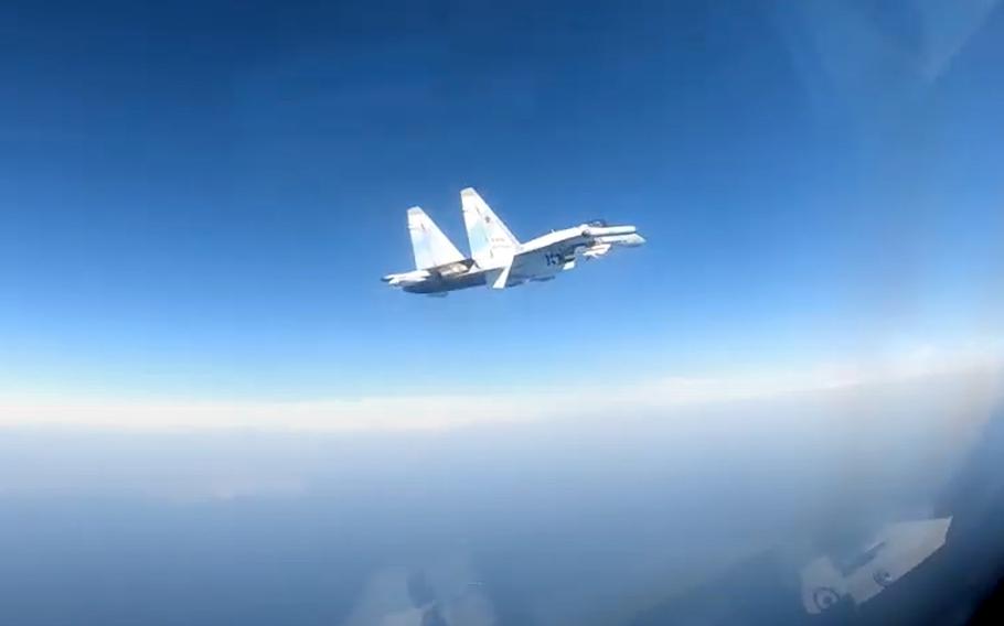 A Russian SU-35 fighter, shown here, cut within 25 feet of a Navy P-8A submarine reconnaissance plane on Sunday, U.S. Naval Forces Europe-Africa said. The incident marked the second time in less than a week that an unsafe maneuver by a Russian pilot put U.S. Navy pilots at risk.