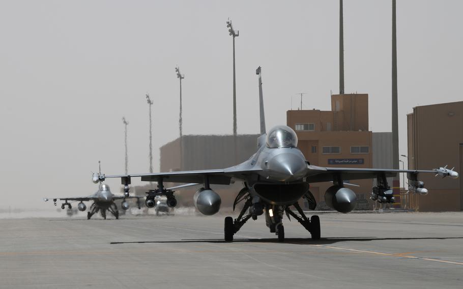 Two Air Force F-16 Fighting Falcons with the 555th Fighter Squadron taxi on the flight line at Prince Sultan Air Base, Saudi Arabia, Feb. 26, 2020. The squadron recently returned to Aviano Air Base, Italy, from a six-month deployment.