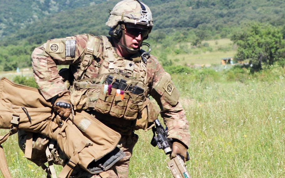 A U.S. Army paratrooper from the 2nd Brigade Combat Team, 82nd Airborne Division, bounds to an alternate fighting position during an exercise at Novo Selo Training Area, Bulgaria in June 2019. Soldiers of the 2nd BCT will be heading to Iraq this summer as part of a regular rotation of forces to support the campaign against ISIS.