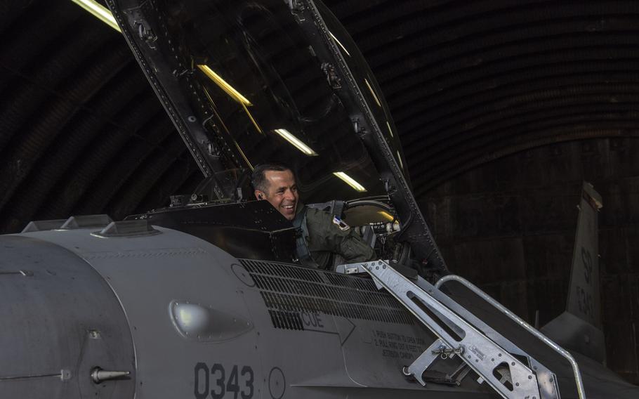 U.S. Air Force Col. Jason Hokaj, 52nd Fighter Wing vice commander, prepares for takeoff in aircraft 343, an F-16 Fighting Falcon, at Spangdahlem Air Base, Germany, April 23, 2020. Later that day, Hokaj's aircraft passed the 10,000 flight hours milestone.