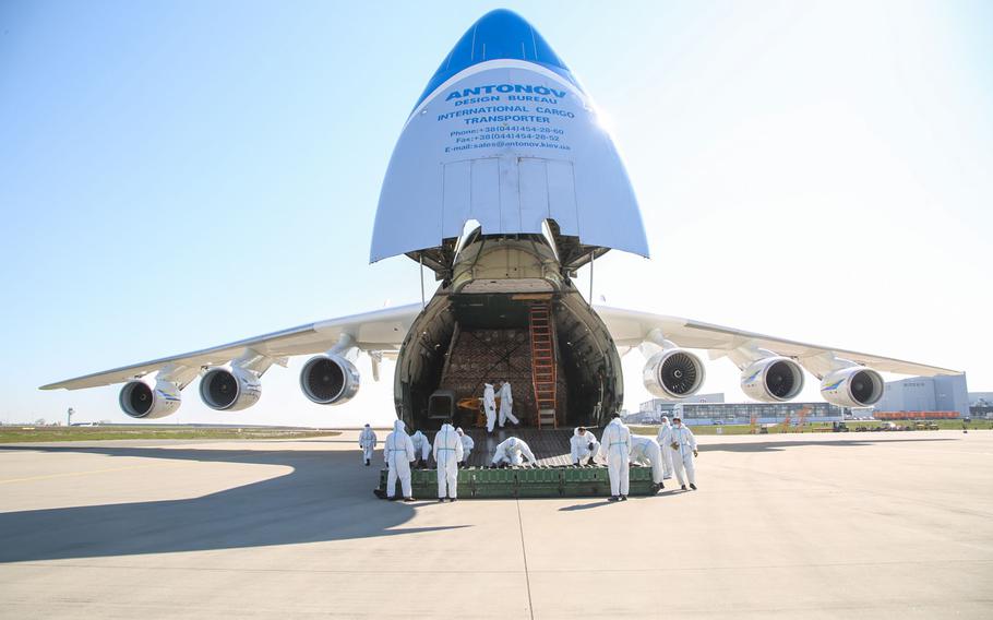 The Antonov-225, the world's largest capacity cargo plane, arrives at Leipzig/Halle Airport in Germany, April 27, 2020, from China, bringing medical supplies as part of efforts to help curb the spread of the coronavirus.
