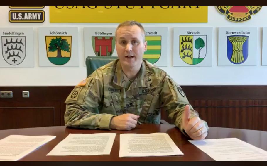 A screen shot of Col. Jason Condrey, U.S. Army Garrison Stuttgart commander, from the garrison virtual town hall meeting, April 29, 2020.