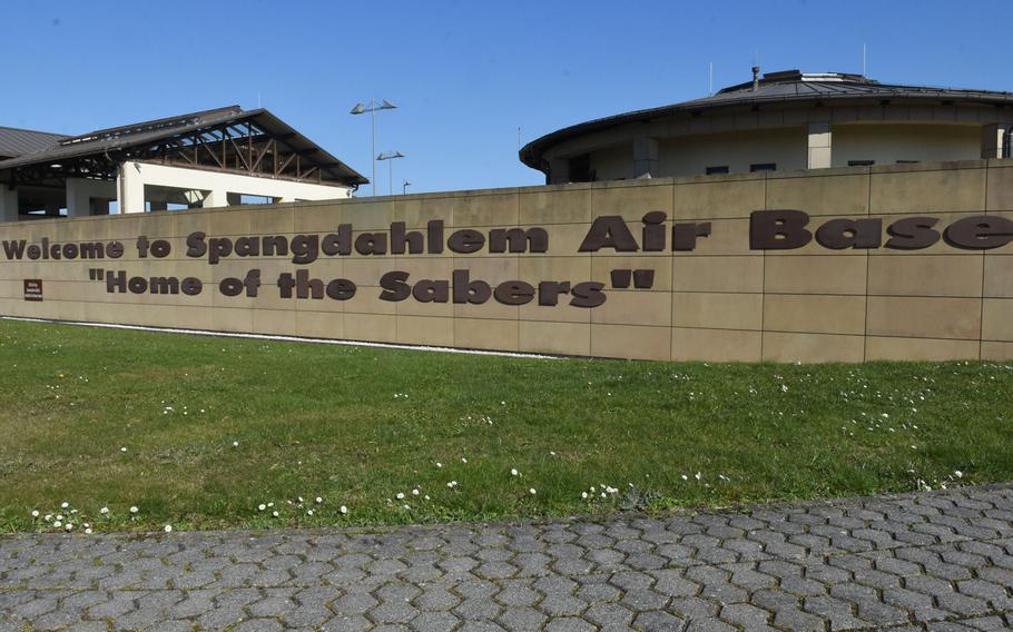 The Spangdahlem Air Base main gate March 2020. Spangdahlem issued an alert that said 52nd Fighter Wing airmen were prohibited from wearing their uniforms off base as a precaution, and must commute in civilian clothing.