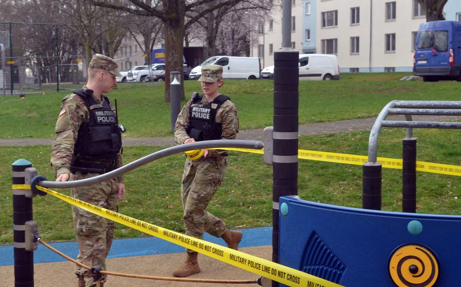 The military police close the playgrounds at Wiesbaden's Crestview and Aukamm housing area because of coronavirus concerns. U.S. bases in Germany on Friday said they were still determining whether to open playgrounds and other venues.