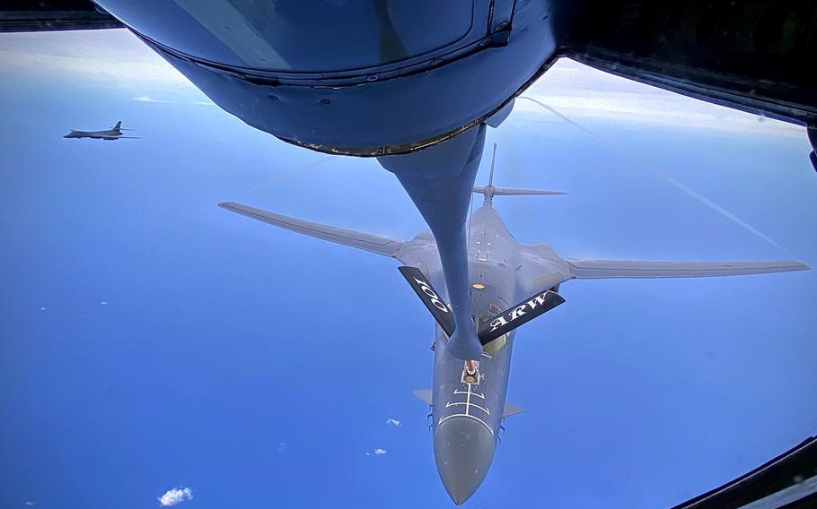 A B-1B Lancer from the 28th Bomb Wing out of Ellsworth Air Force Base, S.D., receives fuel from a KC-135 Stratotanker from the 100th Air Refueling Wing, RAF Mildenhall, England, May 5, 2020.