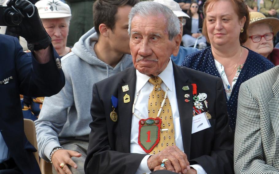 World War II veteran Charles Shay at a D-Day 75th anniversary ceremony in Picauville, France, June 2019. On May 8, 1945, V-E Day, Shay was in Bremerhaven, Germany, waiting for a boat to return home.