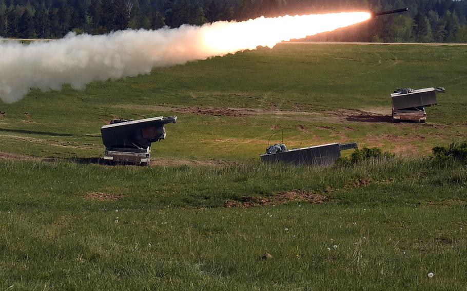 A rocket launches as soldiers with the 41st Field Artillery Brigade conduct a crew recertification training exercise at Grafenwoehr, Germany, May 8, 2020.