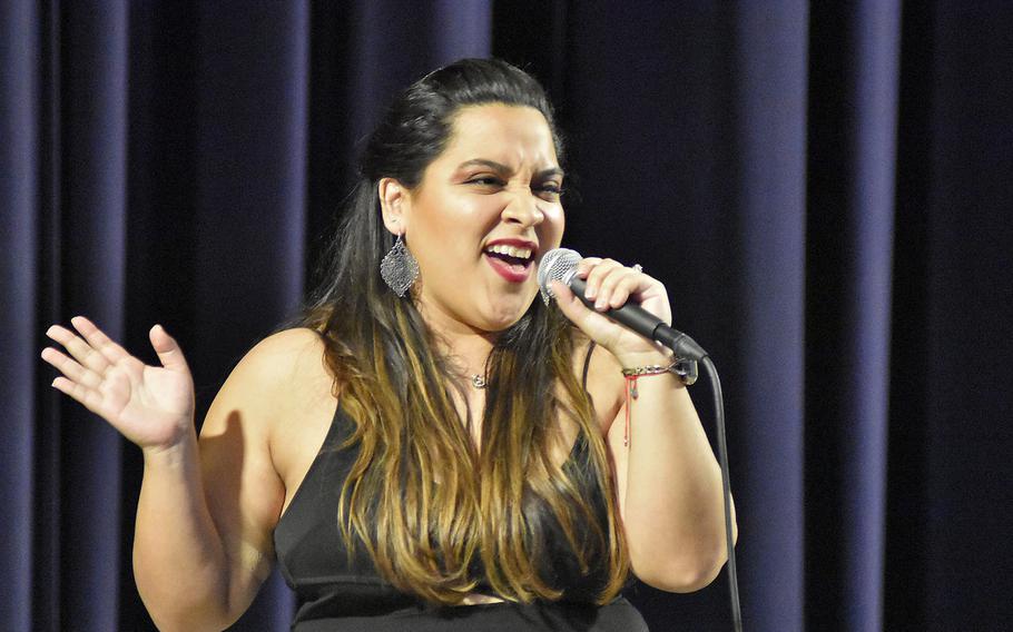 Katherine Martinez performs a song Monday, May 11, 2020 at the Aviano Air Base theater during the first round of Aviano Idol. Ten contestants entered the contest, which will have its finale air May 29 on the 31st Force Support Squadron Facebook page.