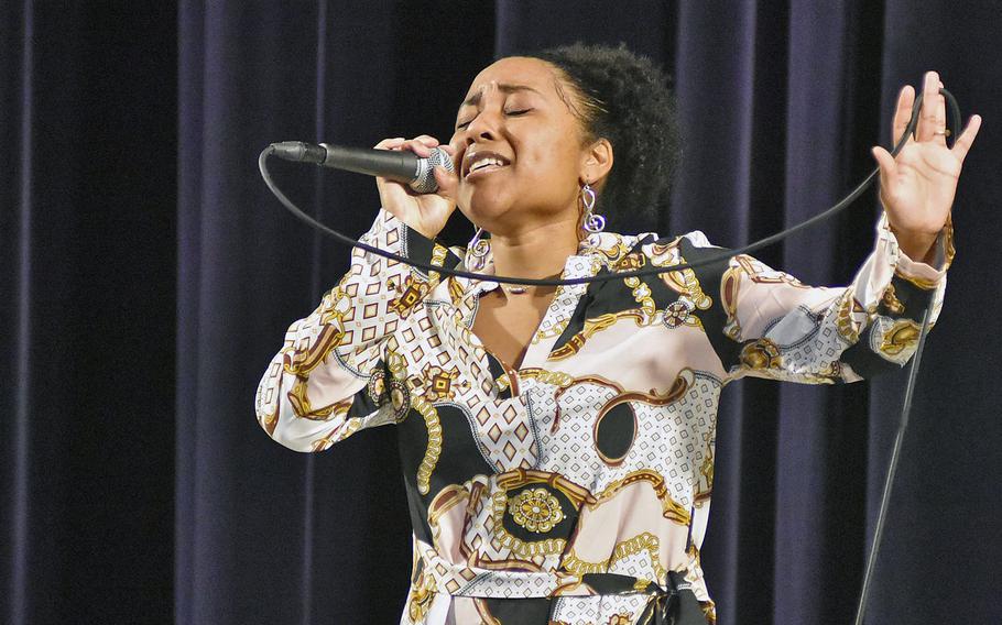 Jacinia Whitfield performs a song Monday, May 11, 2020, during the first round of Aviano Idol, a competition that features 10 contestants and will be shown on the 31st Force Support Squadron Facebook page on Fridays this month.