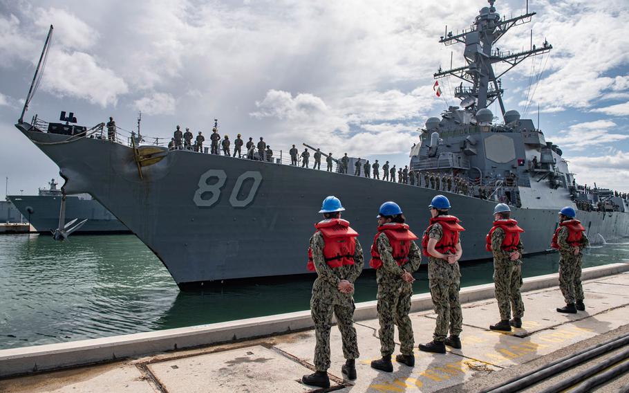 The destroyer USS Roosevelt returns to Naval Station Rota, Spain, after a scheduled underway period, May 16, 2020. 