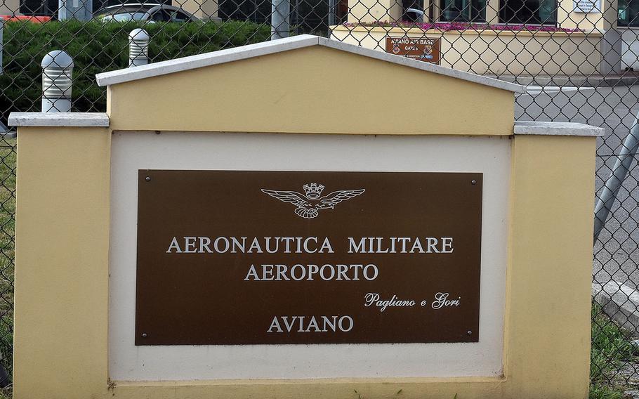 A sign at the main gate of Aviano Air Base, Italy. The base plans to open up most facilities after new national and regional decrees eased coronavirus-induced restrictions.