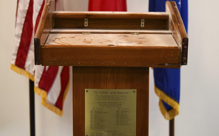 A time capsule is displayed during a virtual Airman Leadership School graduation at Aviano Air Base, Italy, May 15, 2020. The capsule was prepared by 1999 graduates of the Aviano Airman Leadership School, with a request to be opened by the first leadership school class of the ''United States Air and Space Force.''