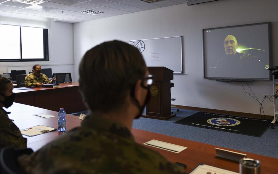 Chief Master Sgt. Roger A. Towberman, senior enlisted adviser of the U.S. Space Force, talks to airmen during a virtual Airman Leadership School graduation at Aviano Air Base, Italy, May 15, 2020.