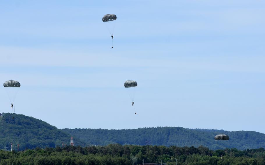 Paratroopers with the 435th Contingency Response Group jump onto the drop zone at Ramstein Air Base, Germany, on Tuesday, May 26, 2020. The jump was part of Agile Wolf, an exercise conducted by the 435th Contingency Response Squadron at Ramstein to improve its ability to support the 37th Airlift Squadron throughout Europe and Africa.