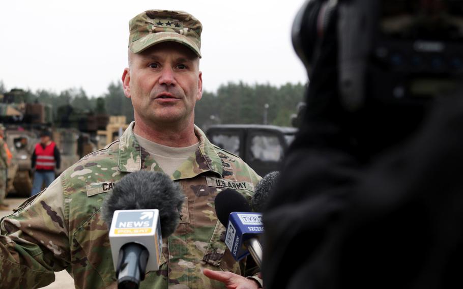 Lt. Gen. Christopher Cavoli, U.S. Army Europe commander, is interviewed by media outlets during a visit to Drawsko Pomorskie Training Area, Poland, March 21, 2019. Days before it is due to host a large military exercise with the U.S., Poland was hit by a barrage of disinformation this week.