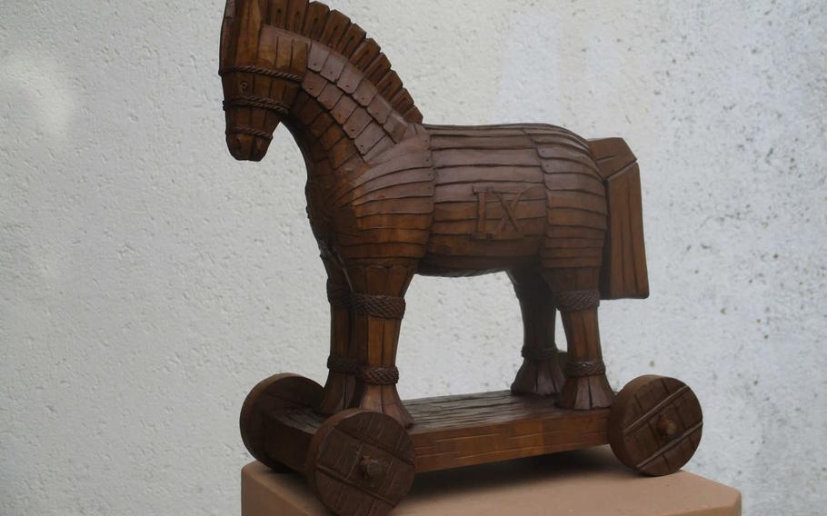 A Trojan Horse carved by German woodcarver Sebastian Demmel for the U.S. Army's 1st Battalion, 10th Special Forces Group (Airborne). The Trojan Horse has adorned the green berets of the 10th SFG since 1956.