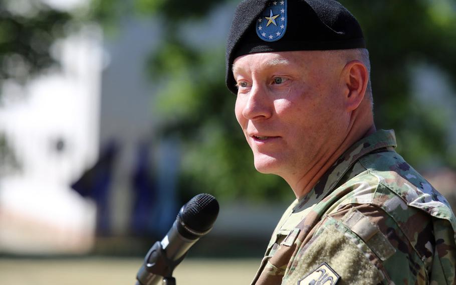 U.S. Army Reserve Brig. Gen. Michael T. Harvey, incoming commander of the 7th Mission Support Command, speaks at his change of command ceremony in Kaiserslautern, Germany, June 29, 2019. Harvey was suspended June 2, 2020, pending the outcome of an investigation.