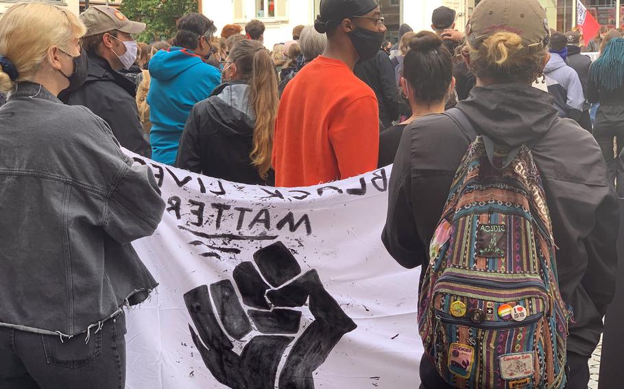 An anti-racism demonstration takes place in downtown Kaiserslautern, Germany, Thursday, June 4, 2020. Gen. Tod D. Wolters, the head of U.S. European Command, said service members are prohibited from attending off-installation protests in Europe, and that civilians may attend but must follow all local laws and guidance.