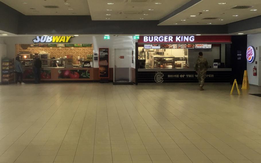 The food court at U.S. European Command's Patch Barracks headquarters in Stuttgart is deserted on Wednesday, March 18, 2020. Garrison officials plan to return tables and chairs to food courts, which are set to reopen Monday as coronavirus cases in Stuttgart decline.