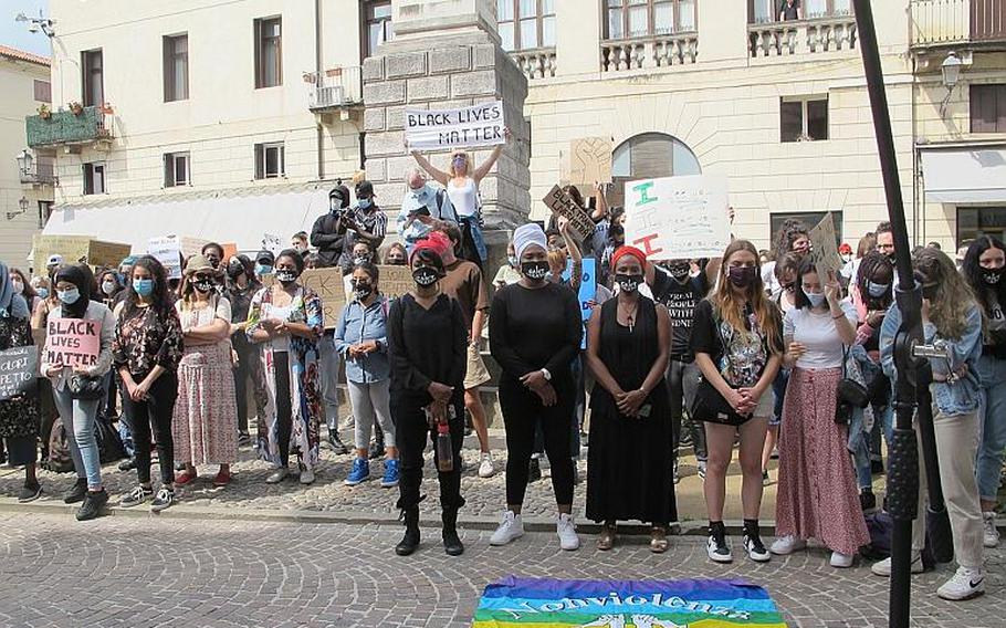 Protesters in Vicenza, Italy on Saturday, June 6, 2020, wore face coverings to protect against the new coronavirus, which has killed nearly 34,000 Italians. At least 100 people, including many Americans assigned to the U.S. Army base in the city, attended.